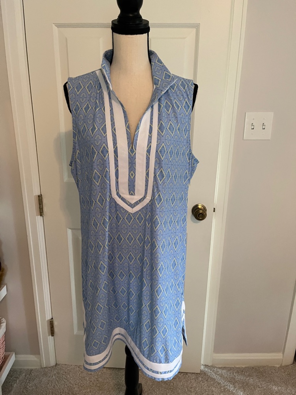 Talbots Cabsna Life Sleeveless Blue Patterned Tunic with White Trim - XL